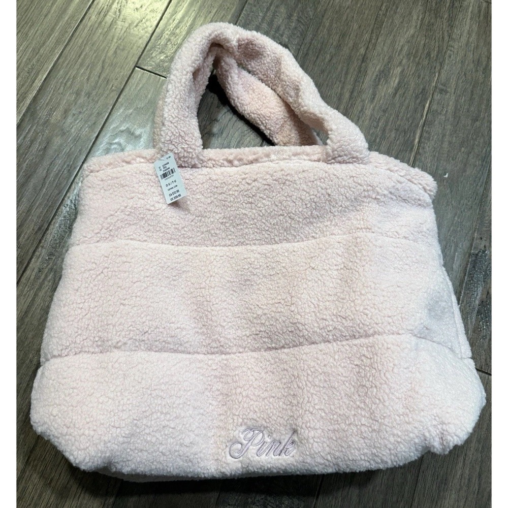 PINK Victoria's Secret Tote Bag Women OS Pink Faux Shearling Teddy Quilted Zip